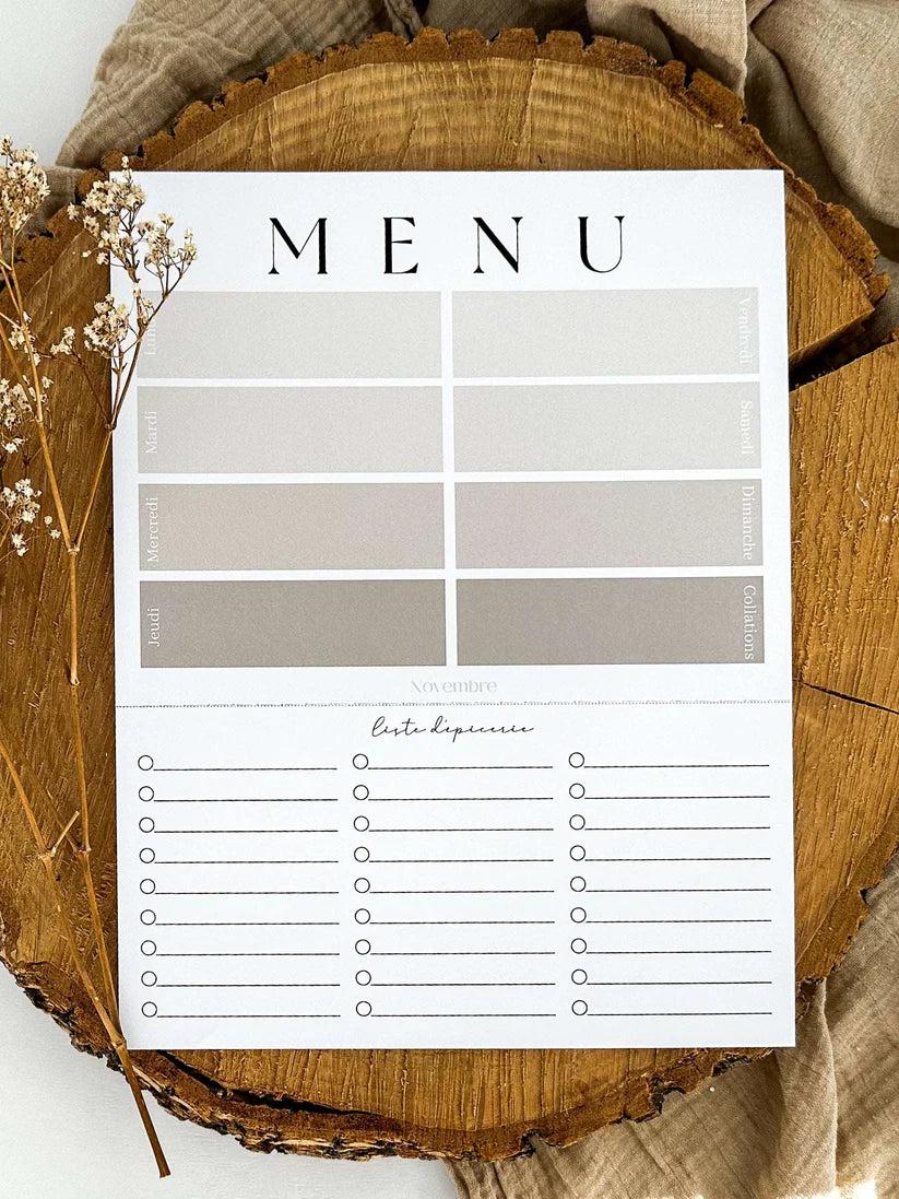 Planificateur de repas et liste d'épicerie Greige Novembre Boutique