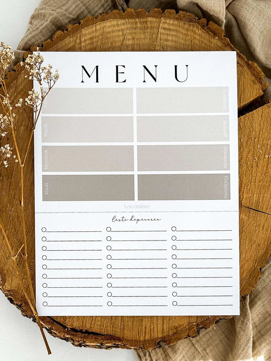 Planificateur de repas et liste d'épicerie Greige Novembre Boutique