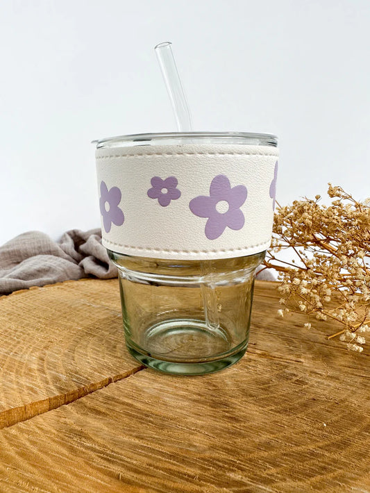 Tasse de transport en verre avec manchon Fleuri Lavande Novembre Boutique